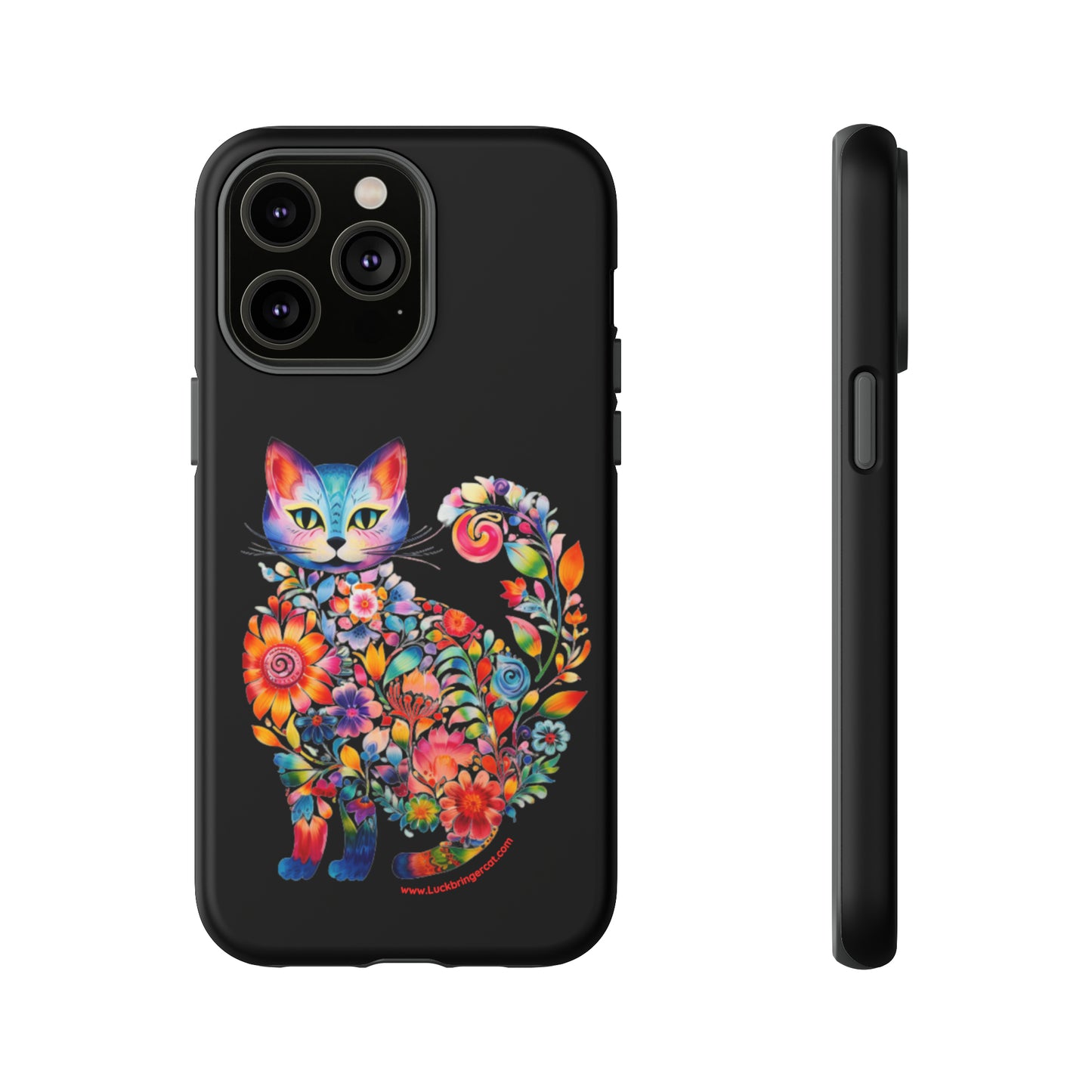 Floral Cat Lovers Phone case- iPhone, Samsung Galaxy, Google Pixel- Black-Tough-Premium Quality