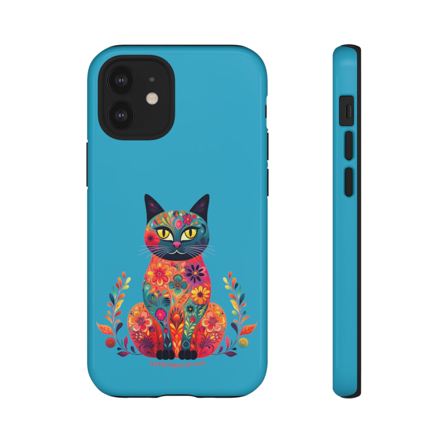 Phone Case for Cat Lovers- iPhone, Samsung Galaxy, Google Pixel- Colorful Floral Cat-Turquoise-Graphic