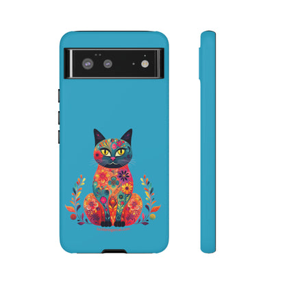 Phone Case for Cat Lovers- iPhone, Samsung Galaxy, Google Pixel- Colorful Floral Cat-Turquoise-Graphic