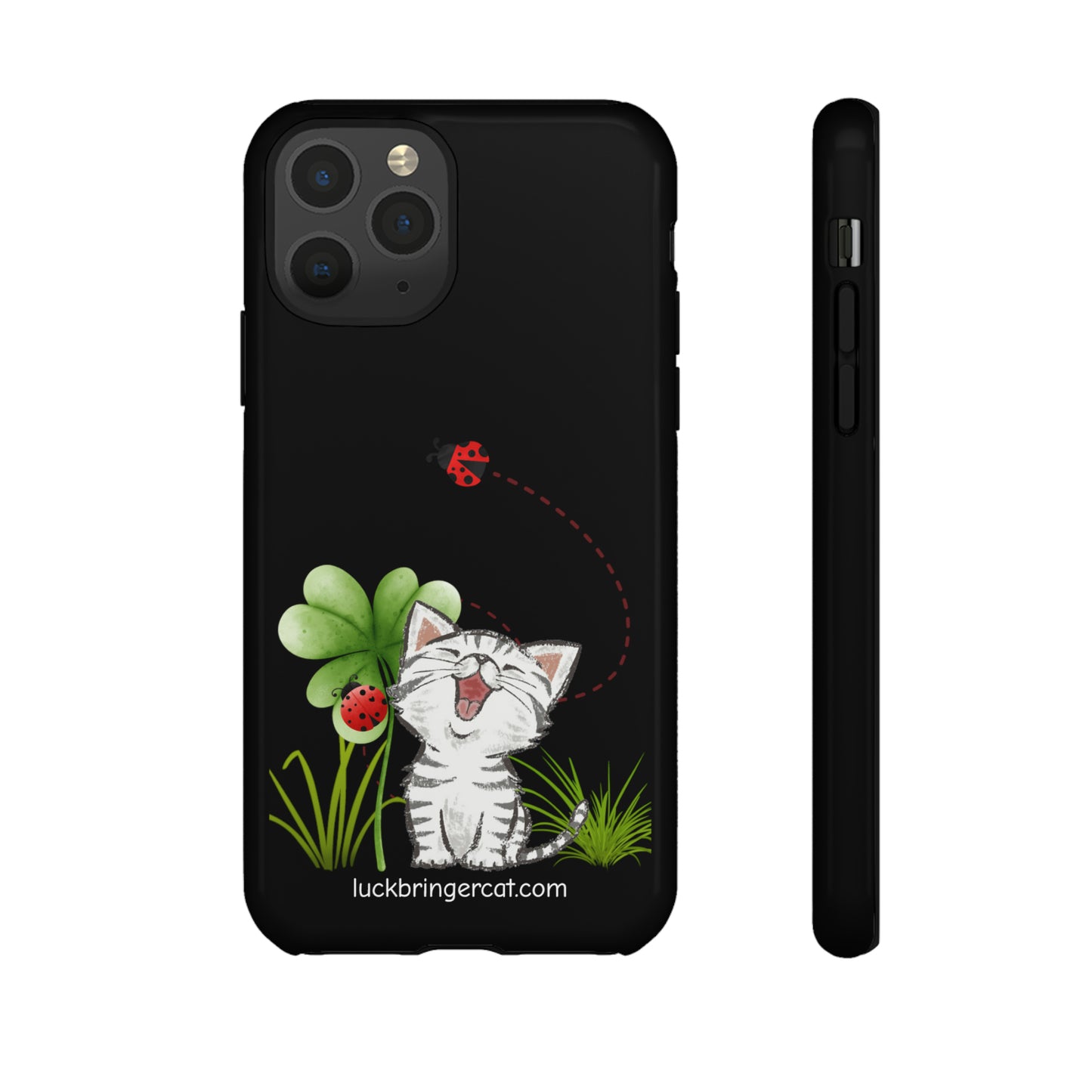 Cute Happy Cat Phone Case- iPhone, Samsung Galaxy, Google Pixel- Black- Lucky Clover Ladybug