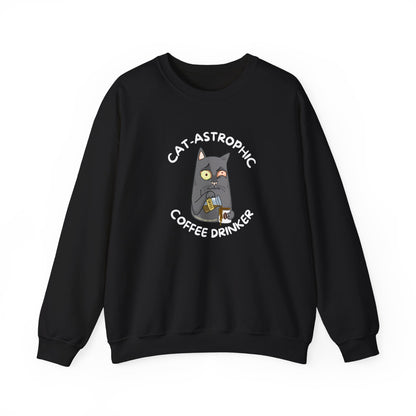 Funny Cat Coffee Lover Sweatshirt- Catastrophic Coffee Drinker Graphic Shirt