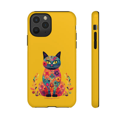 Phone Case for Cat Lovers- iPhone, Samsung Galaxy, Google Pixel- Colorful Floral Cat-Yellow-Graphic