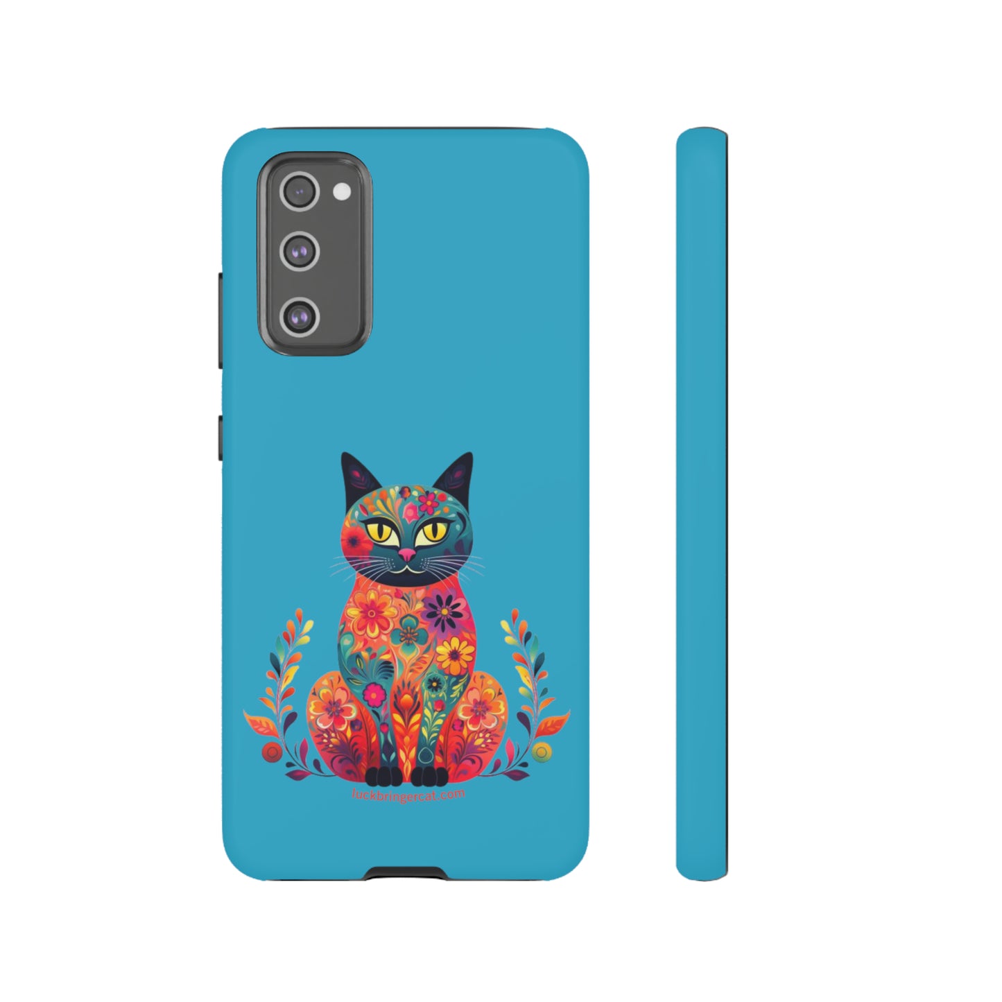 Phone Case for Cat Lovers- iPhone, Samsung Galaxy, Google Pixel- Colorful Floral Cat-Turquoise-Graphic