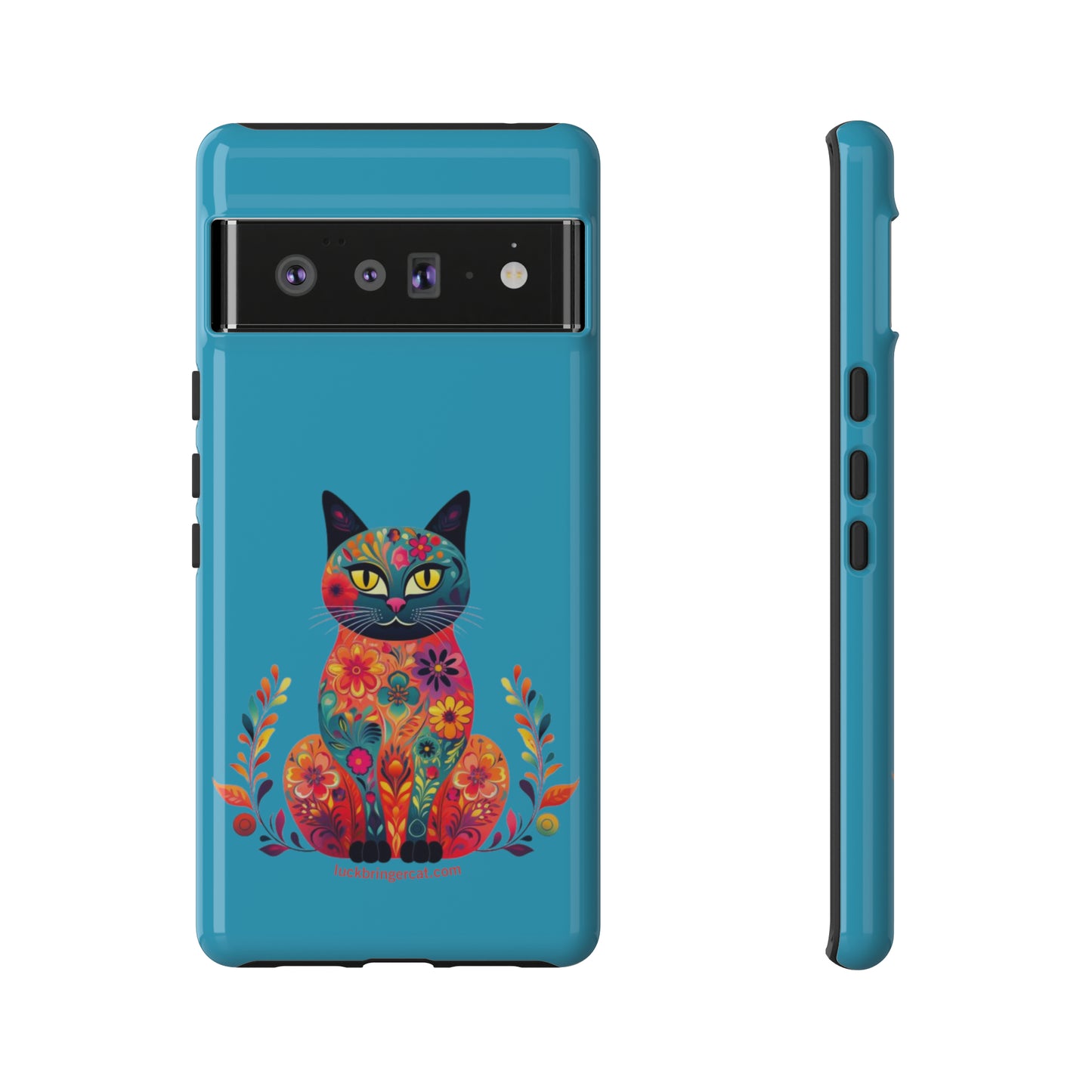 Phone Case for Cat Lovers- iPhone, Samsung Galaxy, Google Pixel- Colorful Floral Cat-Turquoise-Graphic