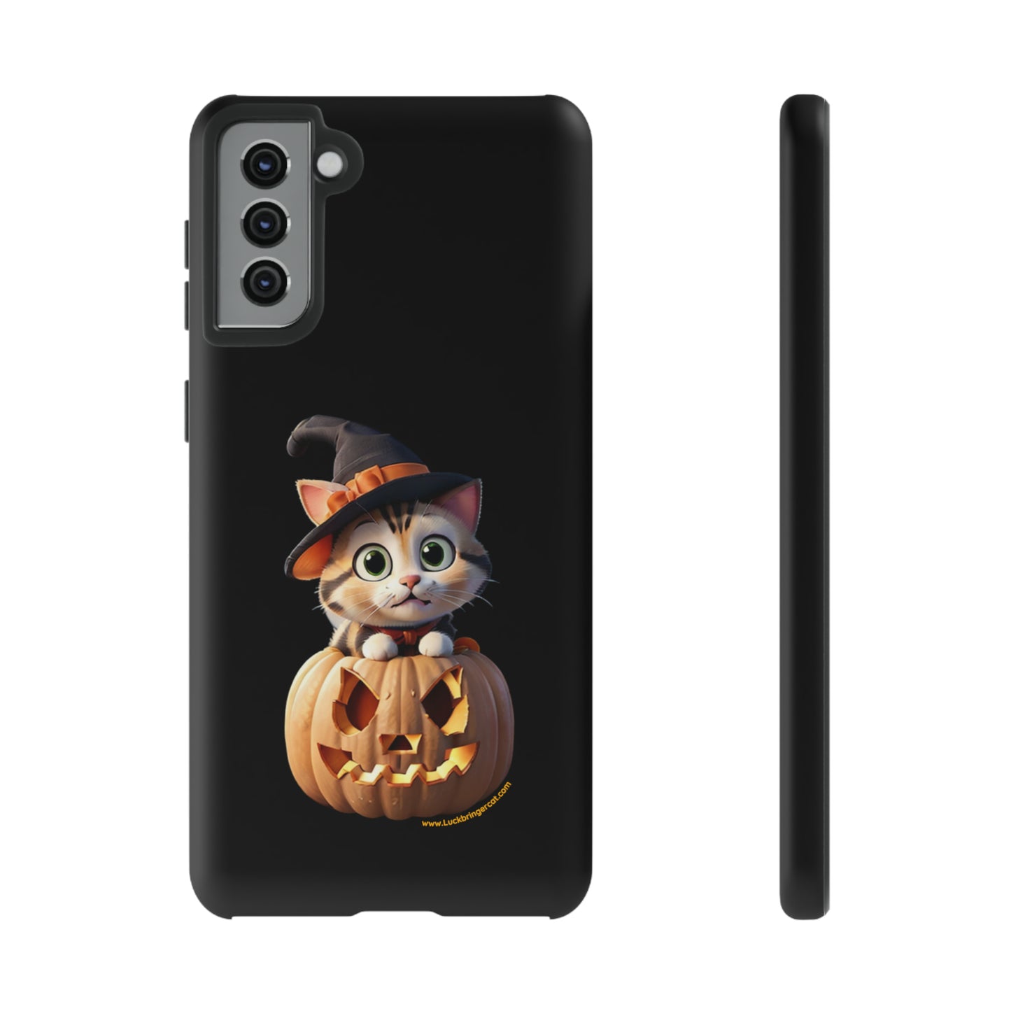 Premium-quality tough protective phone cases for iPhone and Samsung - Halloween Pumpkin Cat - Black