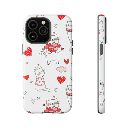 Premium-quality tough protective phone cases for iPhone, Samsung and Google - White With Cute Cartoon Cats and Red Hearts