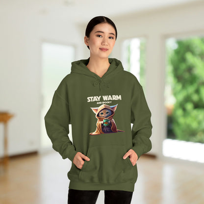 Cat Lovers Hooded Sweatshirt - Starwars Stay Warm and Spooky Halloween Hoodie - Army green- cute and unique graphic