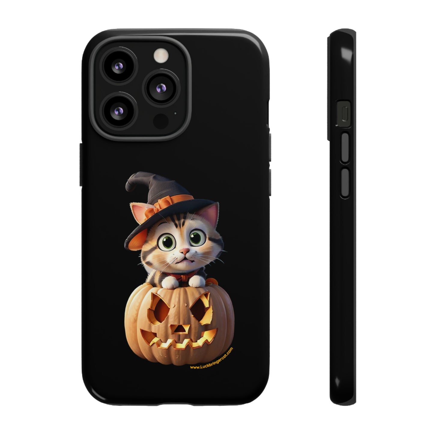 Premium-quality tough protective phone cases for iPhone and Samsung - Halloween Pumpkin Cat - Black