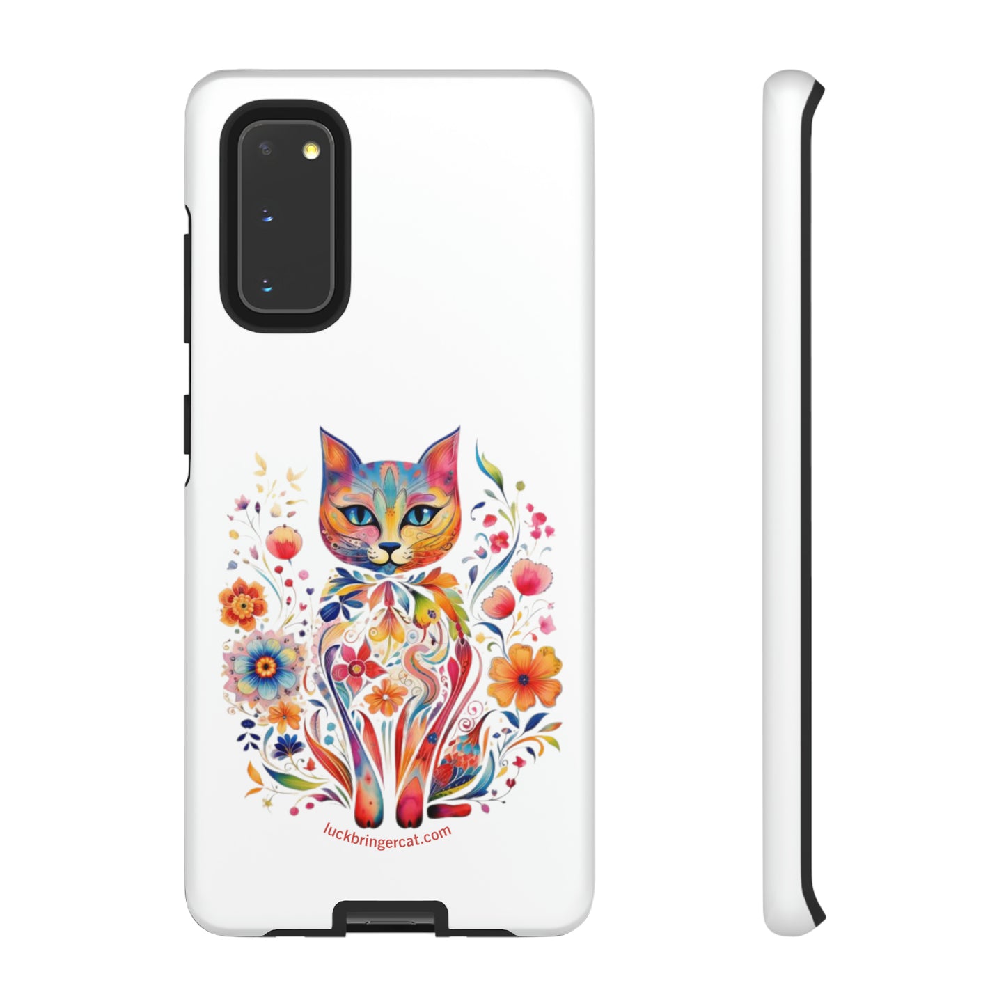 Phone Case for Cat and Flower Lovers- iPhone, Samsung Galaxy, Google Pixel- Colorful Floral Cat-White