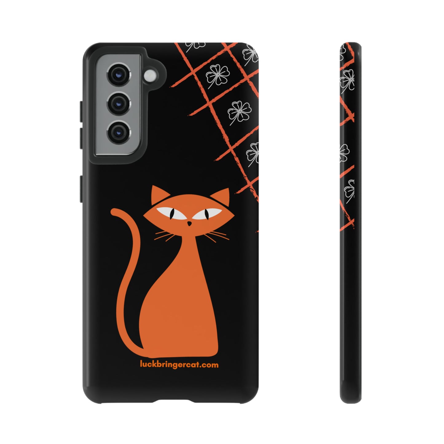 Cat Lovers Phone case black with Orange cat and lucky clover-Samsung Galaxy S23, Samsung Galaxy S23 Plus, Samsung Galaxy S23 Ultra, Samsung Galaxy S22, Samsung Galaxy S22 Plus, Samsung Galaxy S22 Ultra, Samsung Galaxy S21, Samsung Galaxy S21 FE, Samsung Galaxy S21 Plus, Samsung Galaxy S21 Ultra, Samsung Galaxy S20, Samsung Galaxy S20 FE, Samsung Galaxy S20 Plus, Samsung Galaxy S20 Ultra, Samsung GalaxyS10, Samsung Galaxy S10E, Samsung Galaxy S10 Plus-gift for cat moms kitten mums