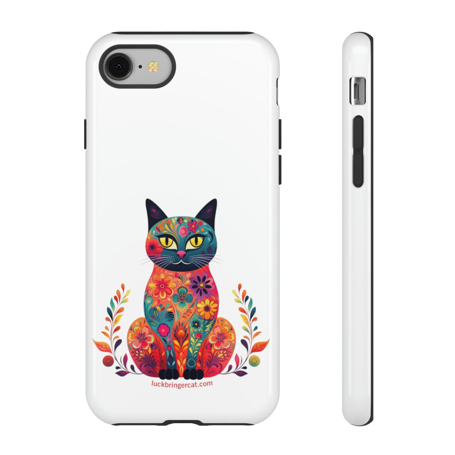 Phone Case for Cat Lovers- iPhone, Samsung Galaxy, Google Pixel- Colorful Floral Cat-White-Graphic