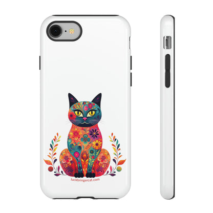 Phone Case for Cat Lovers- iPhone, Samsung Galaxy, Google Pixel- Colorful Floral Cat-White-Graphic