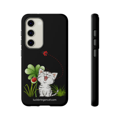 Cute Happy Cat Phone Case- iPhone, Samsung Galaxy, Google Pixel- Black- Lucky Clover Ladybug