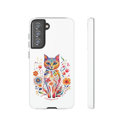 Phone Case for Cat and Flower Lovers- iPhone, Samsung Galaxy, Google Pixel- Colorful Floral Cat-White