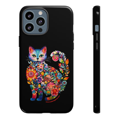 Floral Cat Lovers Phone case- iPhone, Samsung Galaxy, Google Pixel- Black-Tough-Premium Quality