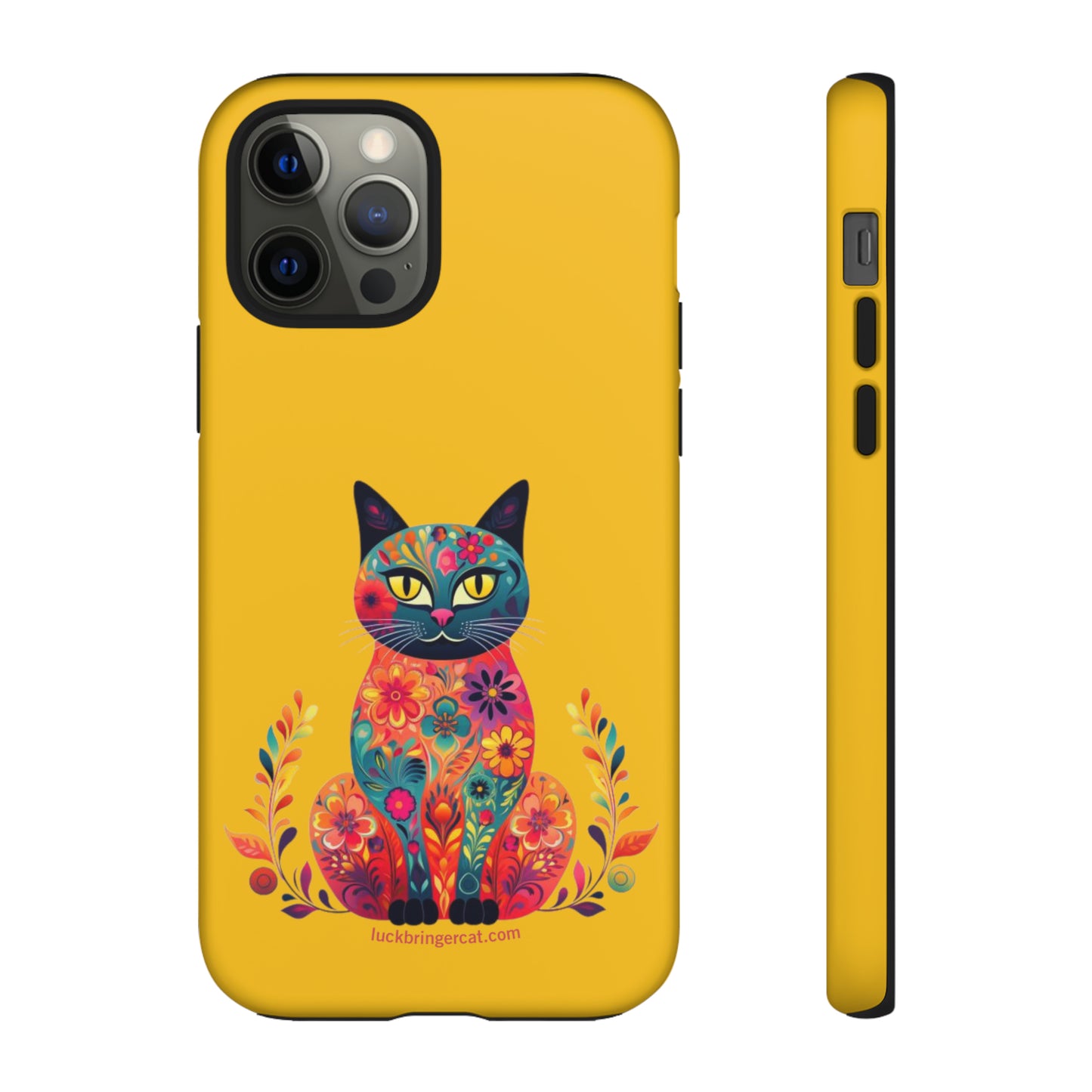 Phone Case for Cat Lovers- iPhone, Samsung Galaxy, Google Pixel- Colorful Floral Cat-Yellow-Graphic