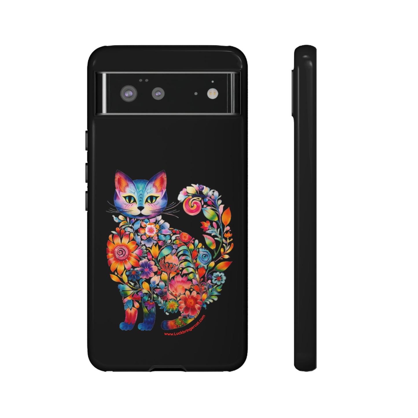 Floral Cat Lovers Phone case- iPhone, Samsung Galaxy, Google Pixel- Black-Tough-Premium Quality