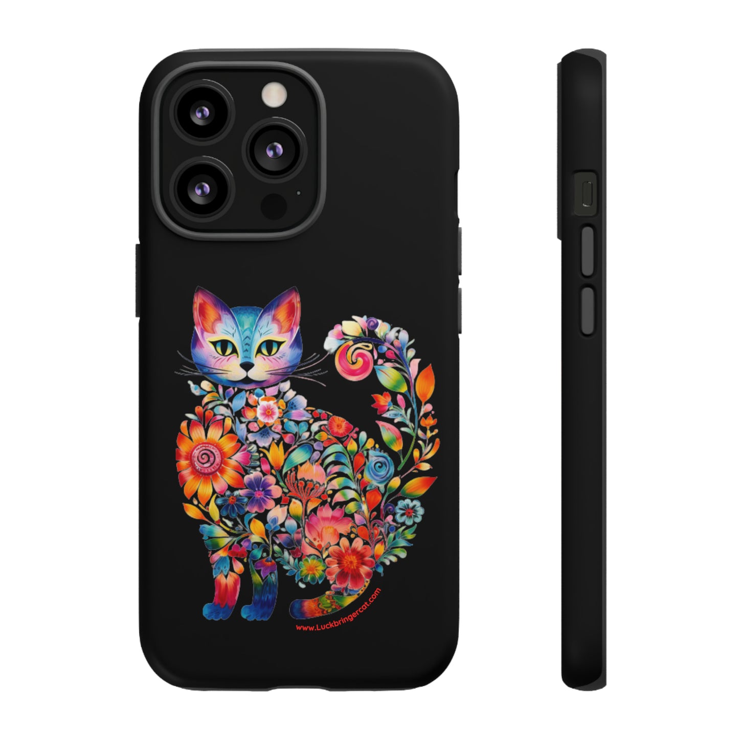 Floral Cat Lovers Phone case- iPhone, Samsung Galaxy, Google Pixel- Black-Tough-Premium Quality