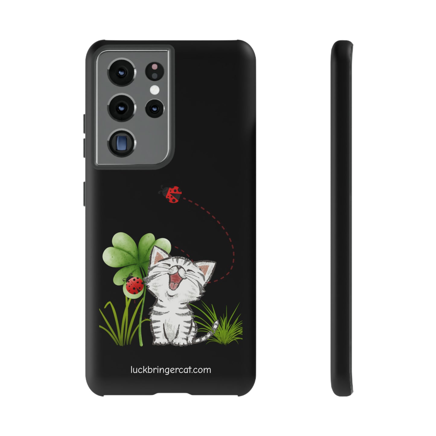 Cute Happy Cat Phone Case- iPhone, Samsung Galaxy, Google Pixel- Black- Lucky Clover Ladybug