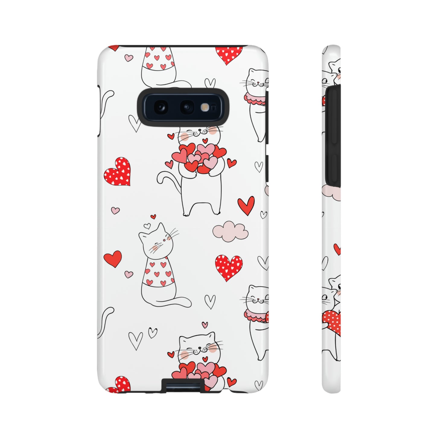 Premium-quality tough protective phone cases for iPhone, Samsung and Google - White With Cute Cartoon Cats and Red Hearts