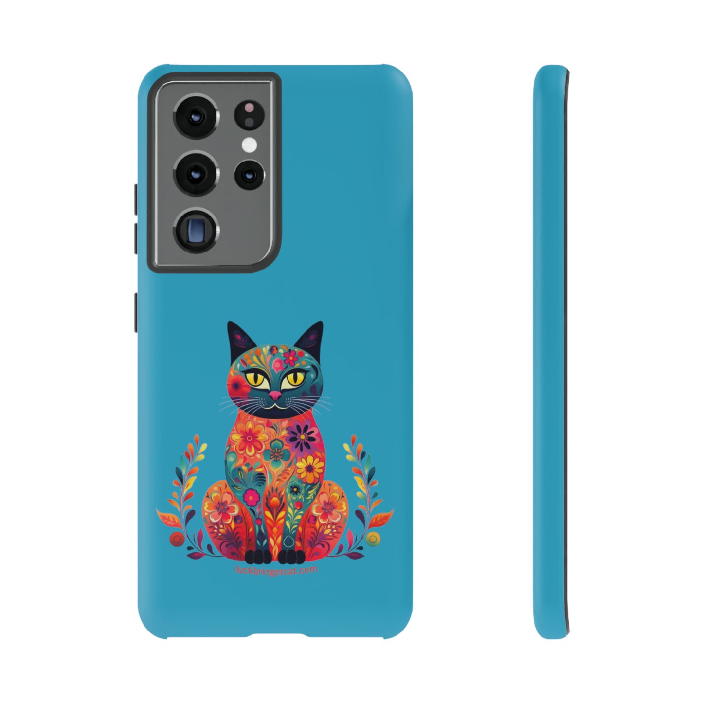 Phone Case for Cat Lovers- iPhone, Samsung Galaxy, Google Pixel- Colorful Floral Cat-Turquoise-Graphic