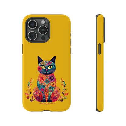 Phone Case for Cat Lovers- iPhone, Samsung Galaxy, Google Pixel- Colorful Floral Cat-Yellow-Graphic