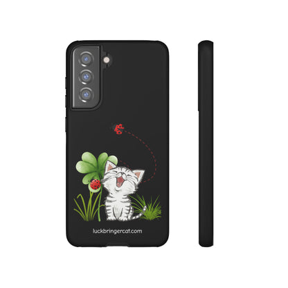 Cute Happy Cat Phone Case- iPhone, Samsung Galaxy, Google Pixel- Black- Lucky Clover Ladybug