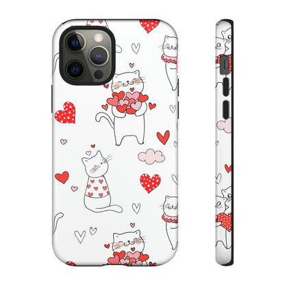 Premium-quality tough protective phone cases for iPhone, Samsung and Google - White With Cute Cartoon Cats and Red Hearts