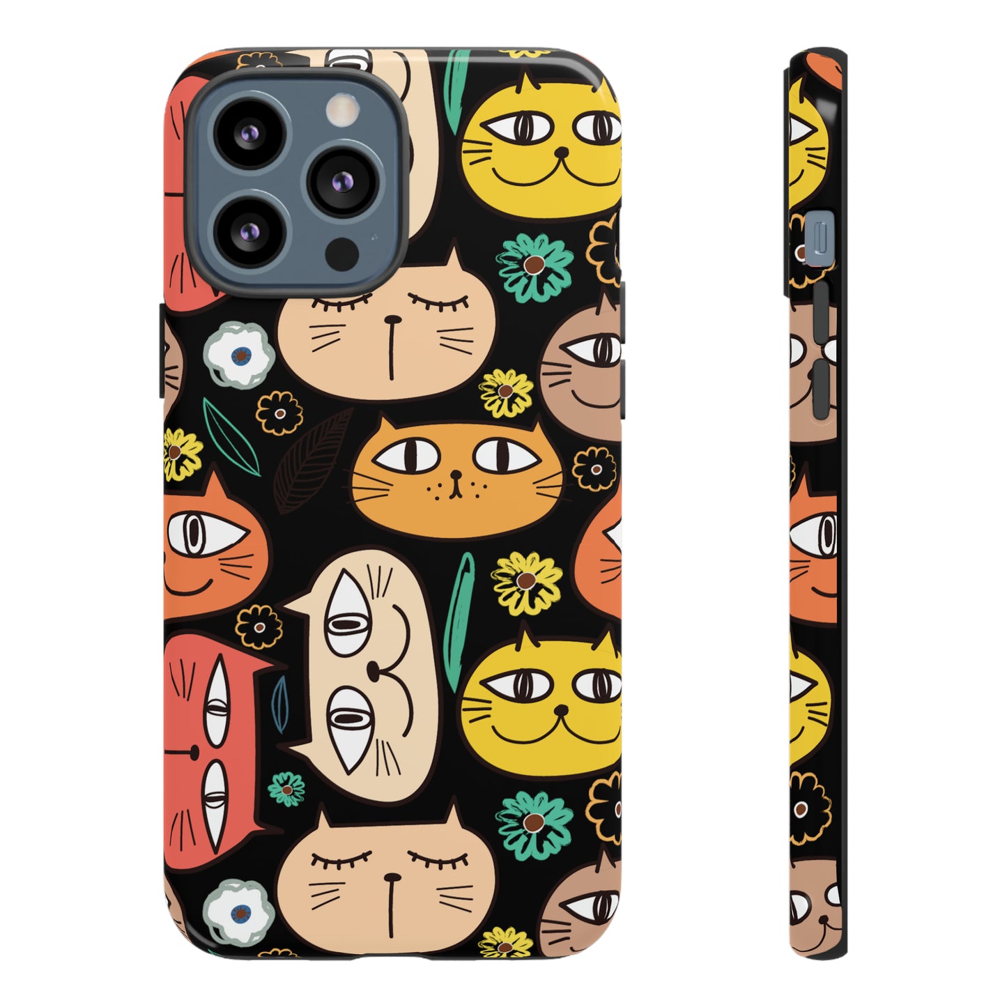 Premium-quality tough protective phone cases for iPhone, Samsung and Google - Black With Cute Colorful Cartoon Cats