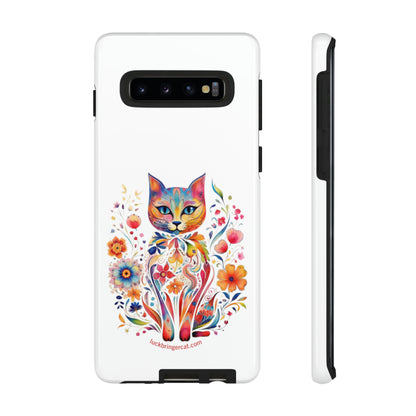 Phone Case for Cat and Flower Lovers- iPhone, Samsung Galaxy, Google Pixel- Colorful Floral Cat-White