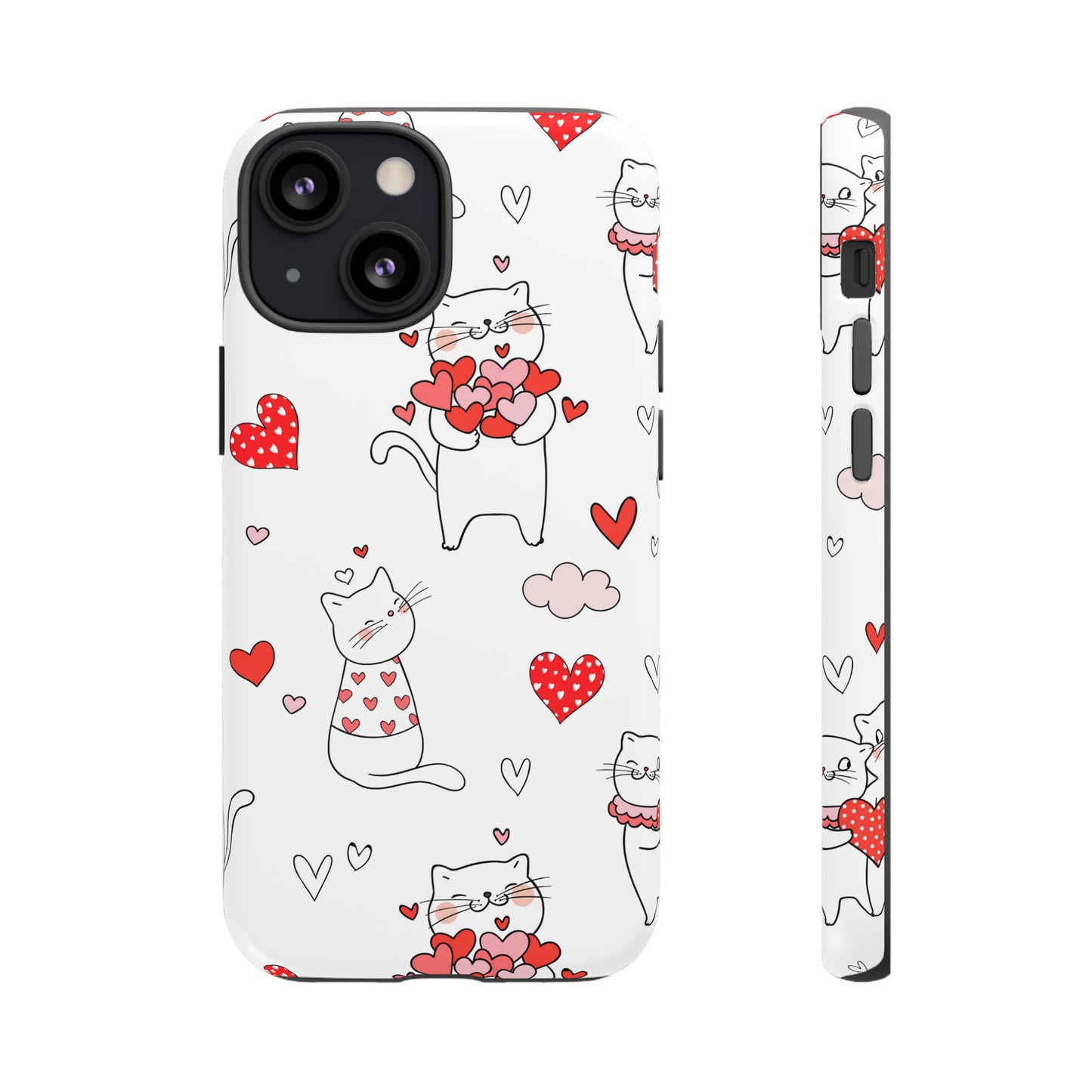 Premium-quality tough protective phone cases for iPhone, Samsung and Google - White With Cute Cartoon Cats and Red Hearts