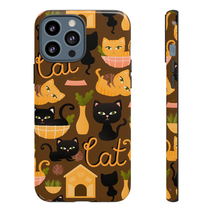 Premium-quality tough protective phone cases for iPhone, Samsung and Google - Brown With Cute Black and Orange Cats