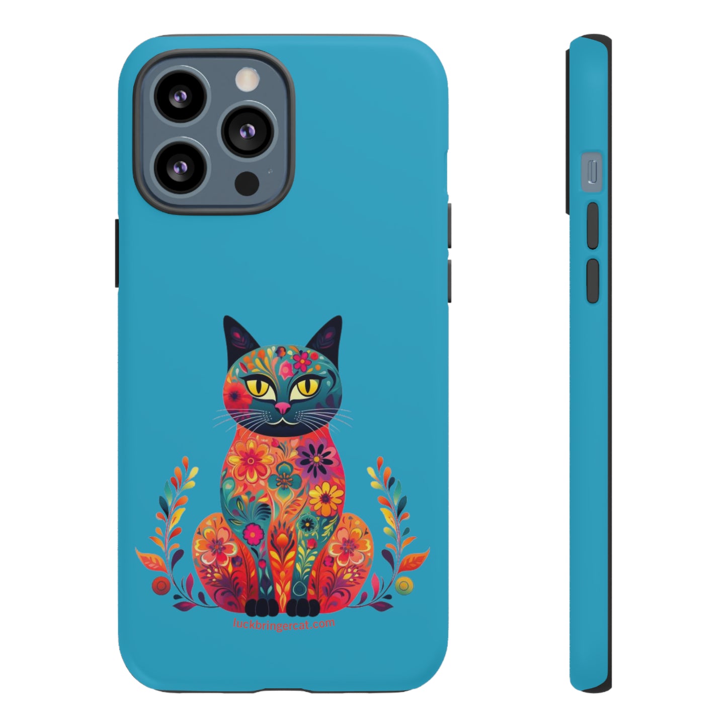 Phone Case for Cat Lovers- iPhone, Samsung Galaxy, Google Pixel- Colorful Floral Cat-Turquoise-Graphic