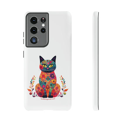 Phone Case for Cat Lovers- iPhone, Samsung Galaxy, Google Pixel- Colorful Floral Cat-White-Graphic