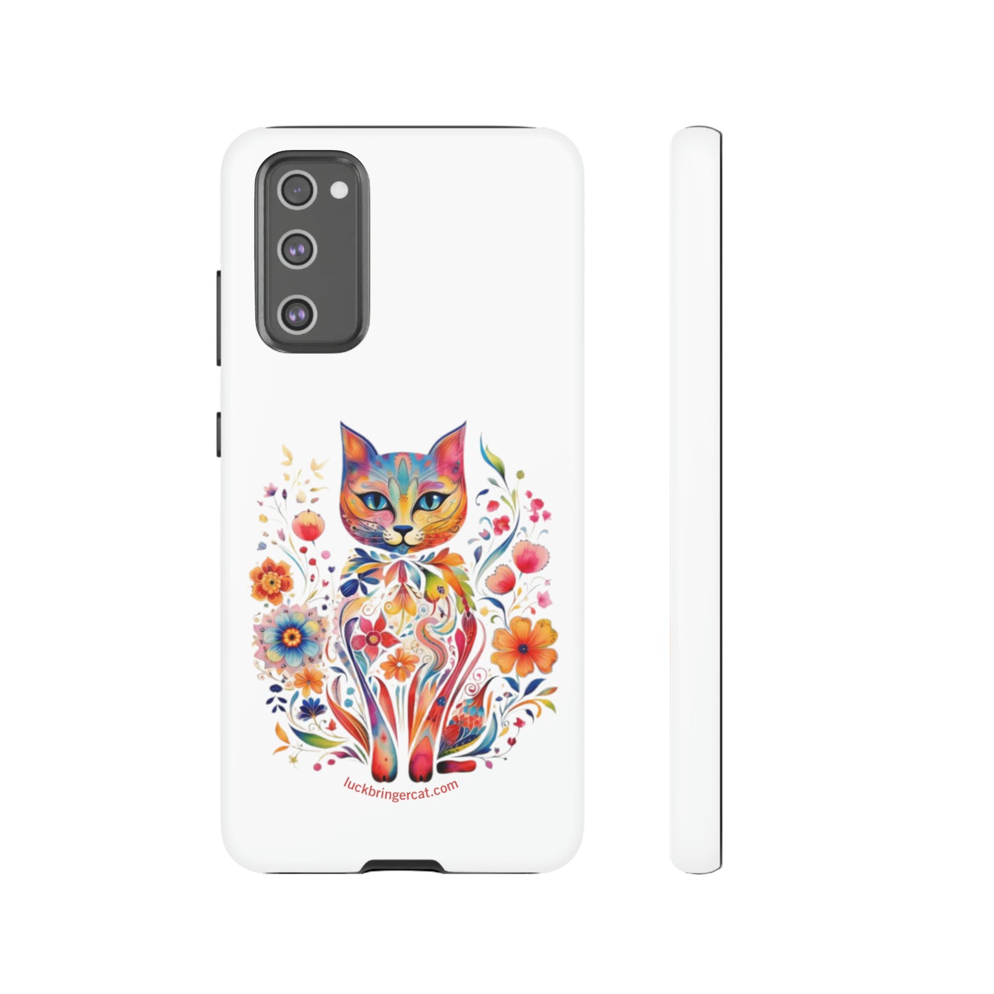 Phone Case for Cat and Flower Lovers- iPhone, Samsung Galaxy, Google Pixel- Colorful Floral Cat-White