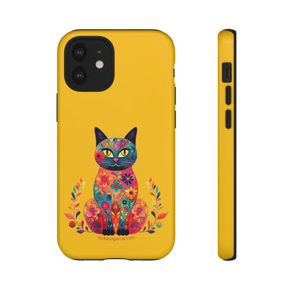 Phone Case for Cat Lovers- iPhone, Samsung Galaxy, Google Pixel- Colorful Floral Cat-Yellow-Graphic