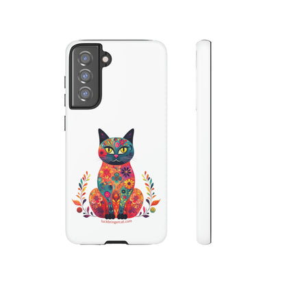 Phone Case for Cat Lovers- iPhone, Samsung Galaxy, Google Pixel- Colorful Floral Cat-White-Graphic