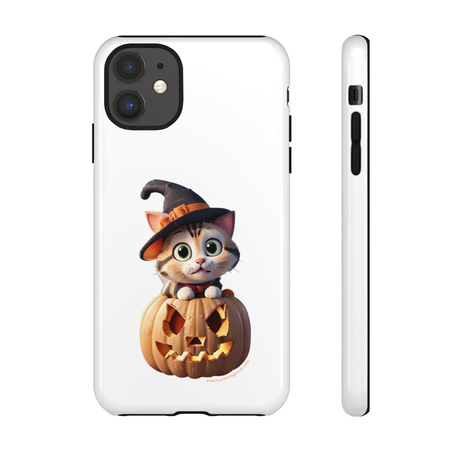 Premium-quality tough protective phone cases for iPhone and Samsung - Halloween Cat - White