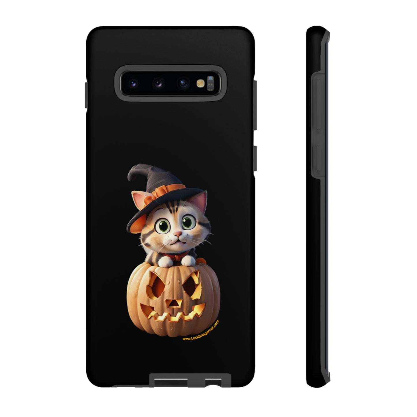 Premium-quality tough protective phone cases for iPhone and Samsung - Halloween Pumpkin Cat - Black