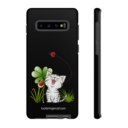 Cute Happy Cat Phone Case- iPhone, Samsung Galaxy, Google Pixel- Black- Lucky Clover Ladybug