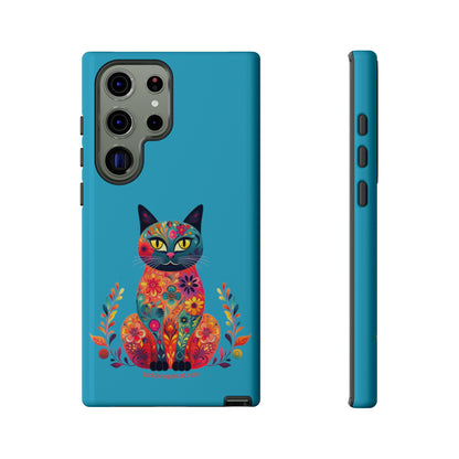 Phone Case for Cat Lovers- iPhone, Samsung Galaxy, Google Pixel- Colorful Floral Cat-Turquoise-Graphic