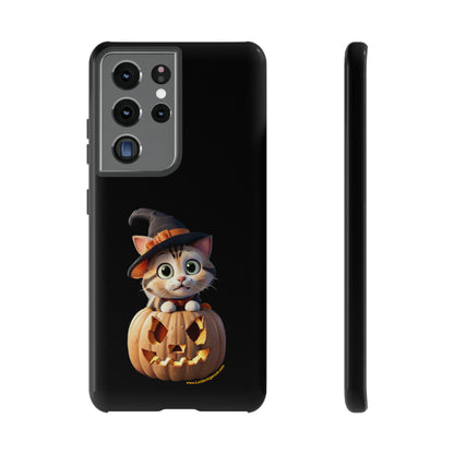 Premium-quality tough protective phone cases for iPhone and Samsung - Halloween Pumpkin Cat - Black