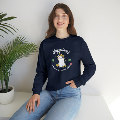 Selflove Sweatshirt With Happy Cute Cat- Happiness Starts With Self Love Shirt