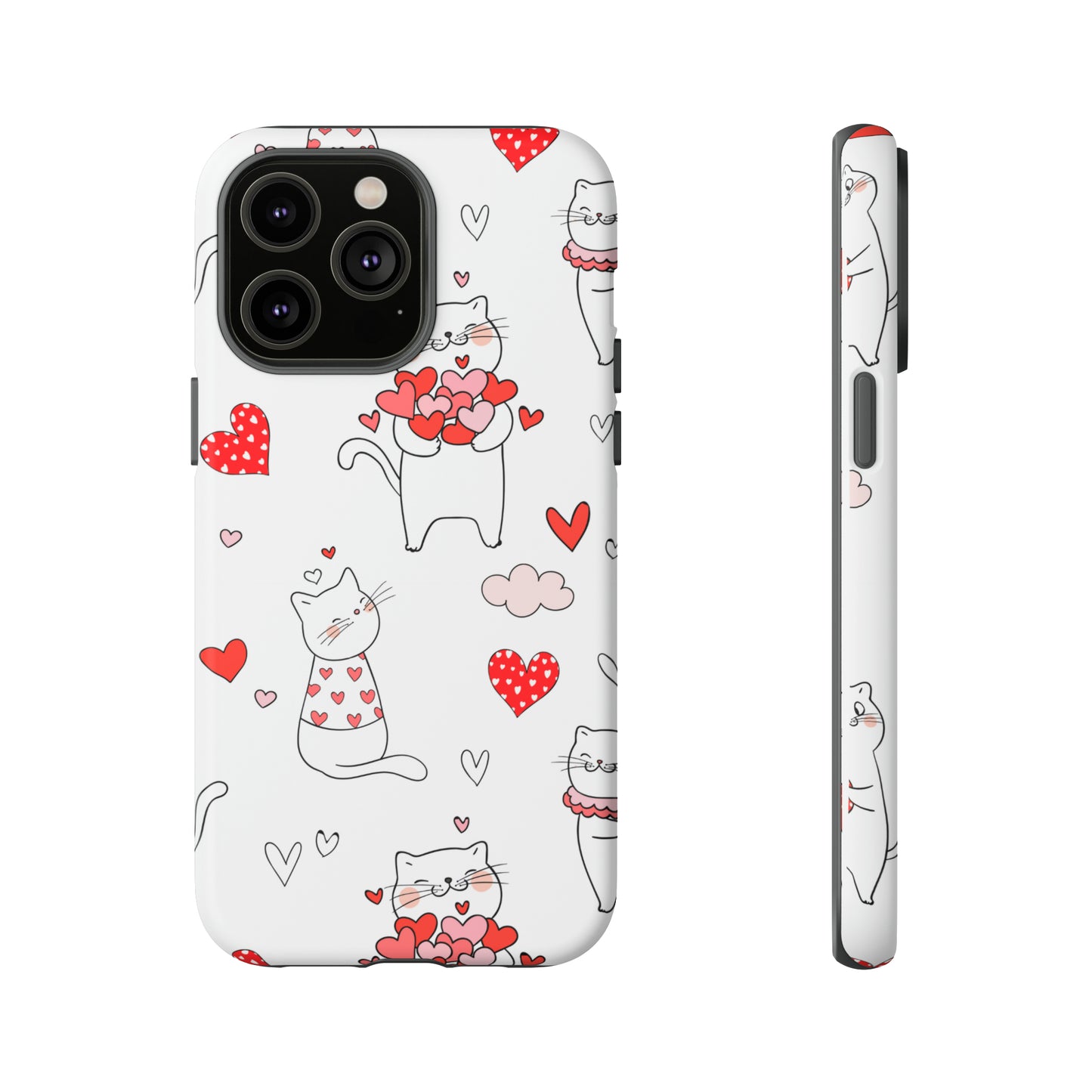 Premium-quality tough protective phone cases for iPhone, Samsung and Google - White With Cute Cartoon Cats and Red Hearts