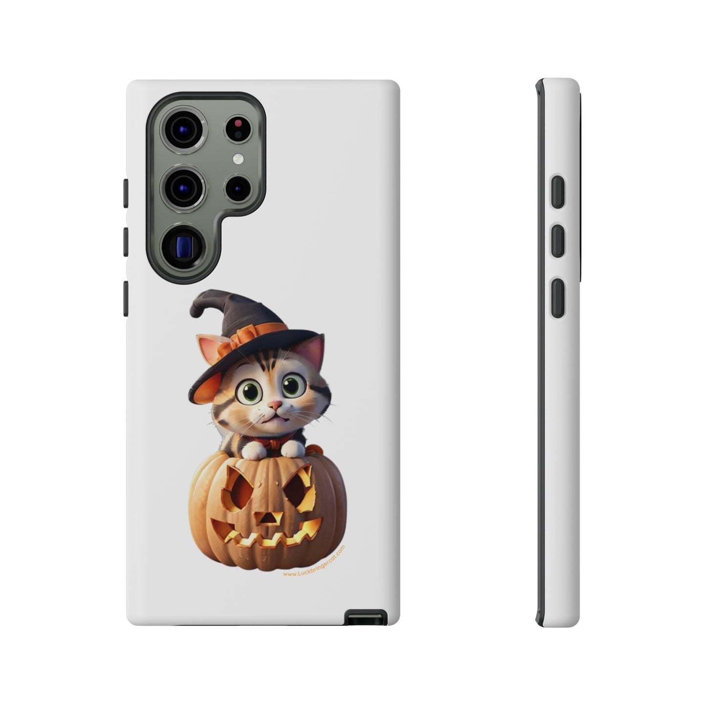 Premium-quality tough protective phone cases for iPhone and Samsung - Halloween Cat - White