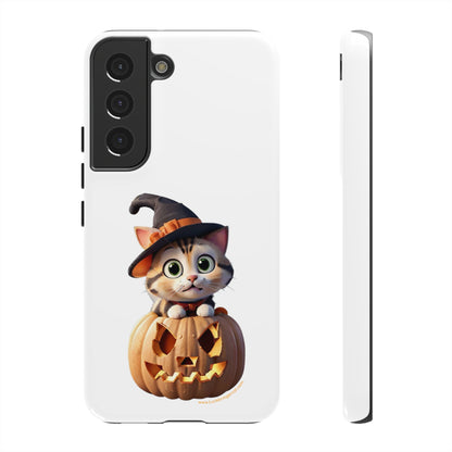 Premium-quality tough protective phone cases for iPhone and Samsung - Halloween Cat - White