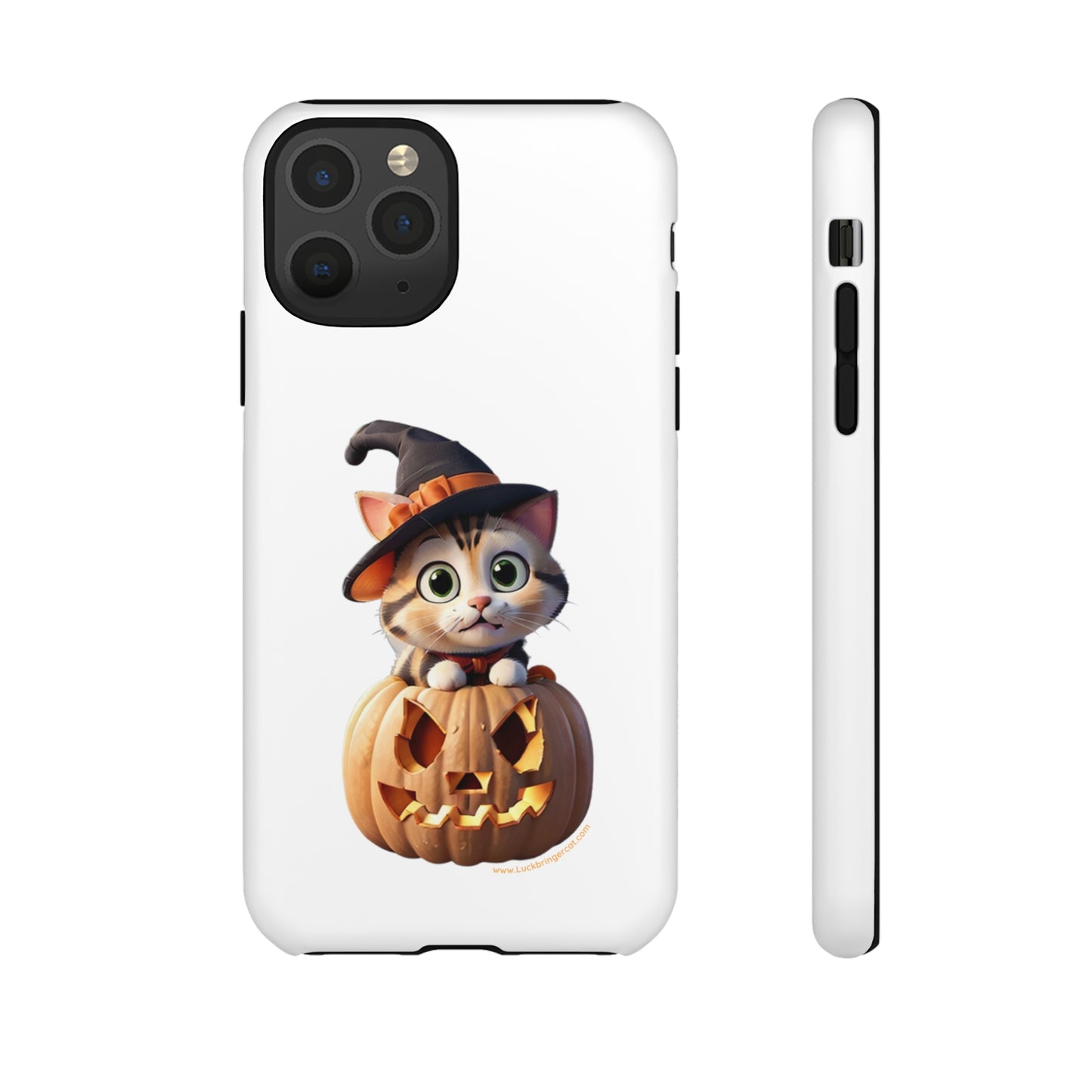 Premium-quality tough protective phone cases for iPhone and Samsung - Halloween Cat - White