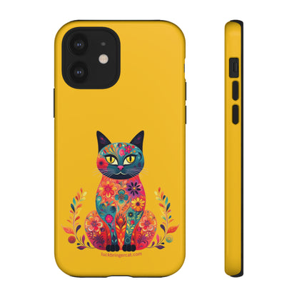 Phone Case for Cat Lovers- iPhone, Samsung Galaxy, Google Pixel- Colorful Floral Cat-Yellow-Graphic