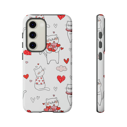 Premium-quality tough protective phone cases for iPhone, Samsung and Google - White With Cute Cartoon Cats and Red Hearts