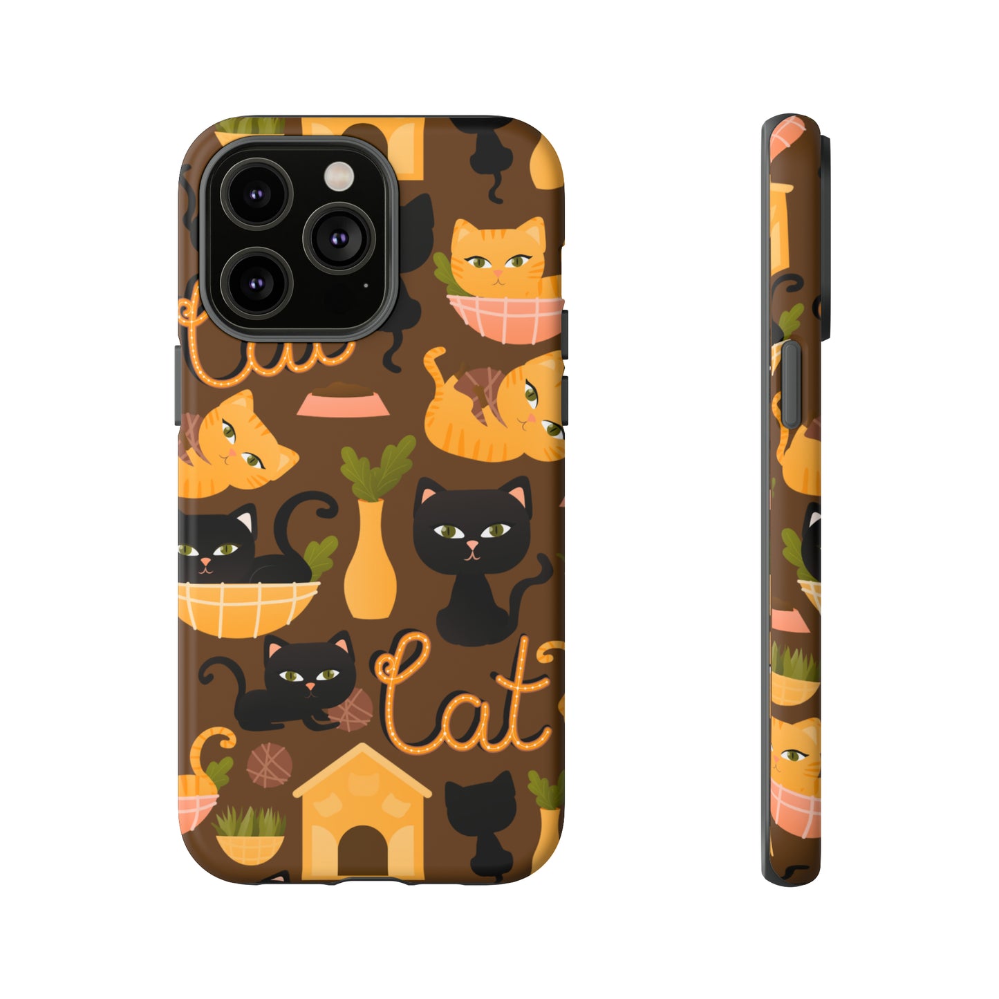 Premium-quality tough protective phone cases for iPhone, Samsung and Google - Brown With Cute Black and Orange Cats